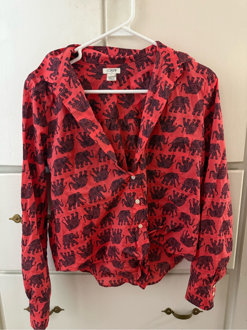 J. Crew Red Button-Down Shirt with Navy Elephant Print